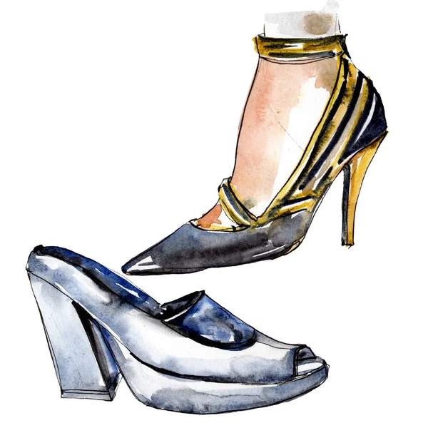 Black high heel shoes sketch fashion glamour illustration in a watercolor style isolated element. Clothes accessories set trendy vogue outfit. Watercolour background illustration set. — Stock Photo