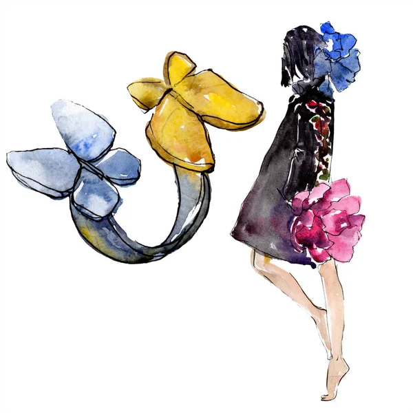 Frau und Ring skizzieren Mode Glamour Illustration in einem Aquarell-Stil isolierten Element. Kleidung Accessoires setzen trendige Mode Outfit. Aquarell Hintergrund Illustration Set. — Stockfoto