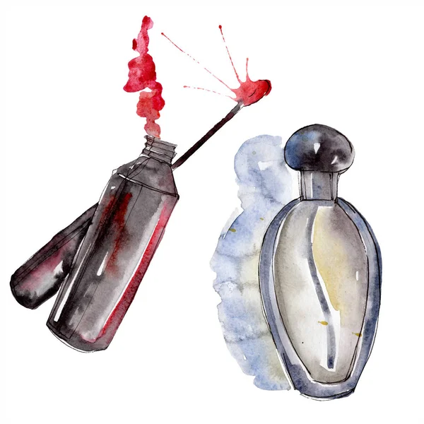 Brilho labial e desenho de perfume ilustração glamour moda em um elemento isolado estilo aquarela. Acessórios de roupas definir roupa moda moda moda. Conjunto de ilustração de fundo aquarela . — Fotografia de Stock