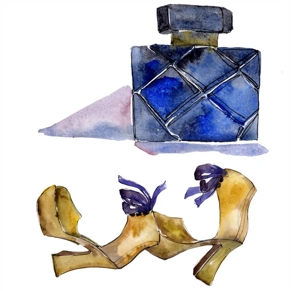 Sapatos e desenho de perfume ilustração glamour moda em um elemento isolado estilo aquarela. Acessórios de roupas definir roupa moda moda moda. Conjunto de ilustração de fundo aquarela . — Fotografia de Stock