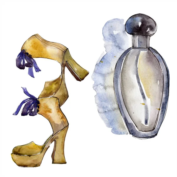 Chaussures et parfum croquis mode glamour illustration dans un style aquarelle élément isolé. Vêtements accessoires ensemble tenue vogue à la mode. Ensemble d'illustration de fond aquarelle . — Photo de stock