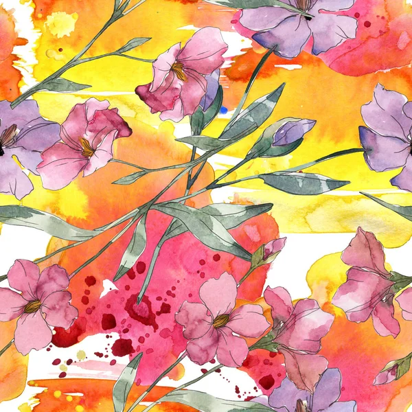 Rosa und lila Flachs botanische Blume. wildes Frühlingsblatt isoliert. Aquarell-Illustrationsset vorhanden. Aquarell zeichnen Mode-Aquarell. nahtlose Hintergrundmuster. Stoff Tapete drucken Textur. — Stockfoto