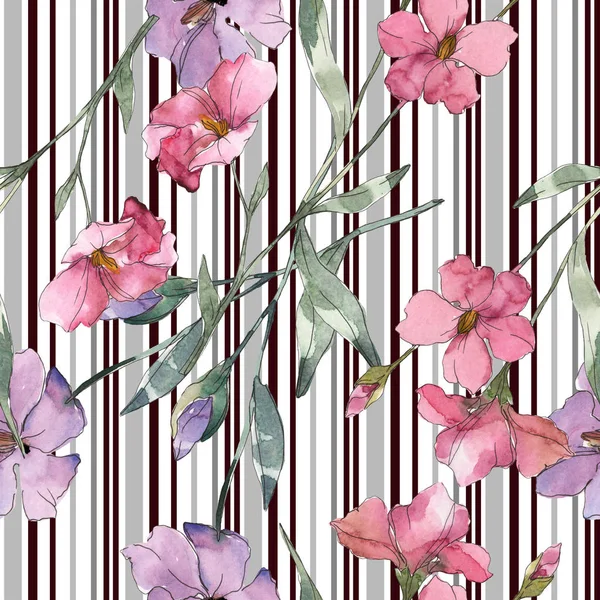 Fiore botanico di lino rosa e viola. Foglia selvatica primaverile isolata. Set illustrazione acquerello. Acquerello disegno moda acquerello. Modello di sfondo senza soluzione di continuità. Tessuto carta da parati stampa texture . — Foto stock