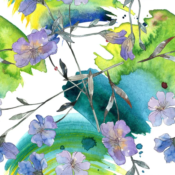 Flor botánica de lino rosa y púrpura. Hoja de primavera salvaje aislada. Juego de ilustración en acuarela. Acuarela dibujo moda aquarelle. Patrón de fondo sin costuras. Textura de impresión de papel pintado de tela . - foto de stock