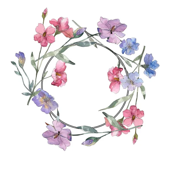 Flor botánica floral de lino rosa y púrpura. Flor silvestre de hoja de primavera aislada. Conjunto de ilustración de fondo acuarela. Acuarela dibujo moda aquarelle. Marco borde ornamento cuadrado . - foto de stock