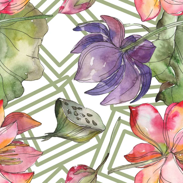 Pink and purple lotus botanical flower. Wild spring leaf isolated. Watercolor illustration set. Watercolour drawing fashion aquarelle. Seamless background pattern. Fabric wallpaper print texture. — Stock Photo