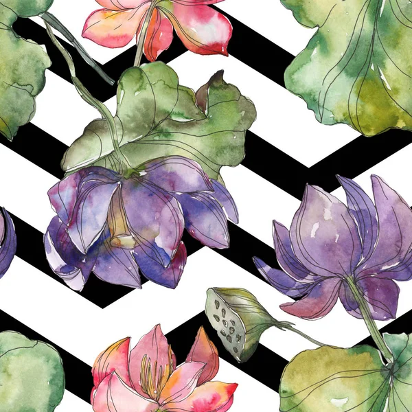 Pink and purple lotus botanical flower. Wild spring leaf isolated. Watercolor illustration set. Watercolour drawing fashion aquarelle. Seamless background pattern. Fabric wallpaper print texture. — Stock Photo