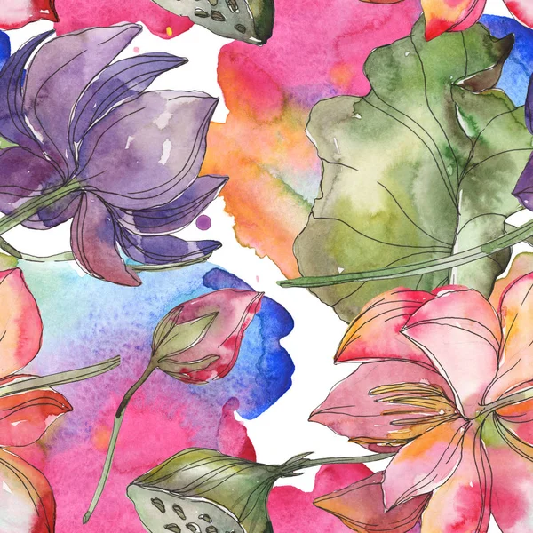 Pink and purple lotus botanical flower. Wild spring leaf isolated. Watercolor illustration set. Watercolour drawing fashion aquarelle. Seamless background pattern. Fabric wallpaper print texture. — Stock Photo