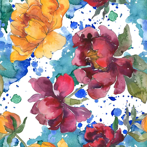 Pivoines jaunes et bordeaux. Ensemble d'illustration aquarelle. Modèle de fond sans couture. Texture d'impression papier peint tissu . — Stock Photo