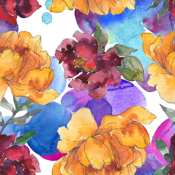 Yellow and burgundy peonies. Watercolor illustration set. Seamless background pattern. Fabric wallpaper print texture. — Stock Photo