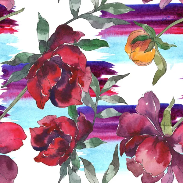 Yellow and burgundy peonies. Watercolor illustration set. Seamless background pattern. Fabric wallpaper print texture. — Stock Photo