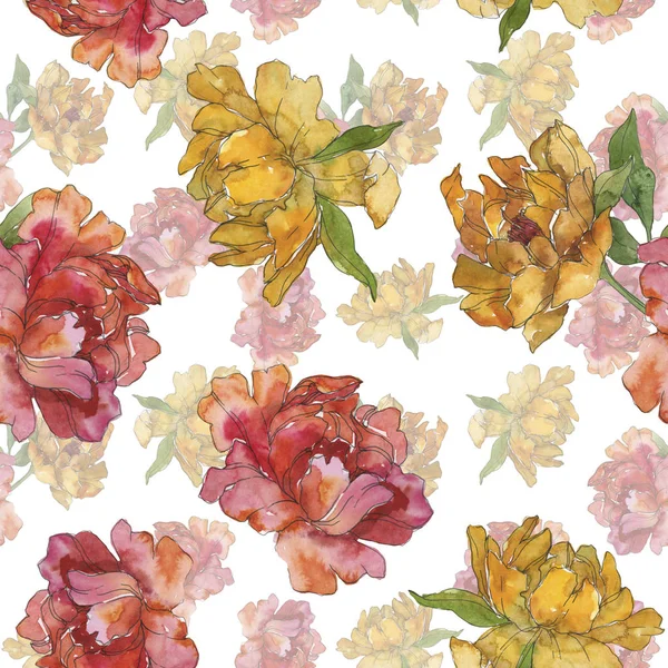 Yellow and red peonies. Watercolor illustration set. Seamless background pattern. Fabric wallpaper print texture. — Stock Photo