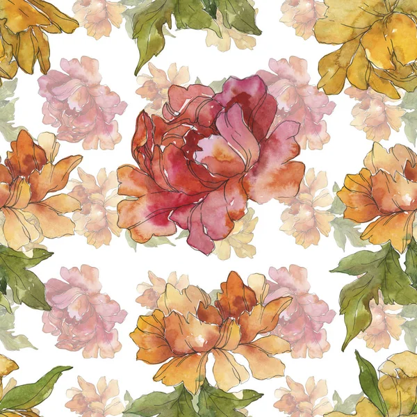 Yellow and red peonies. Watercolor illustration set. Seamless background pattern. Fabric wallpaper print texture. — Stock Photo