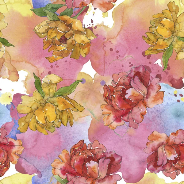 Yellow and red peonies. Watercolor illustration set. Seamless background pattern. Fabric wallpaper print texture. — Stock Photo