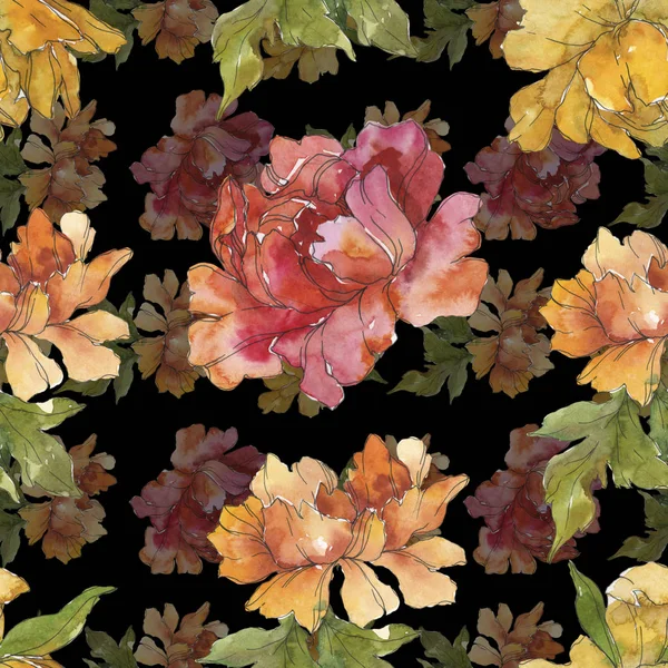 Yellow and red peonies. Watercolor illustration set. Seamless background pattern. Fabric wallpaper print texture. — Stock Photo