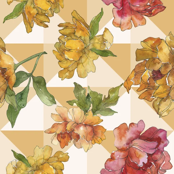 Yellow and red peonies. Watercolor illustration set. Seamless background pattern. Fabric wallpaper print texture. — Stock Photo