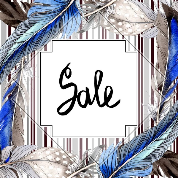 Bird feathers from wing isolated on white. Watercolor background illustration set. Frame border ornament. — Stock Photo