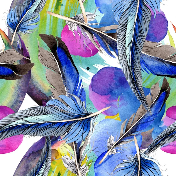 Plumas de pájaro del ala. Conjunto de ilustración de fondo acuarela. Patrón de fondo sin costuras. Textura de impresión de papel pintado de tela . - foto de stock