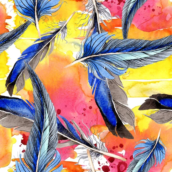 Bird feathers from wing. Watercolor background illustration set. Seamless background pattern. Fabric wallpaper print texture. — Stock Photo