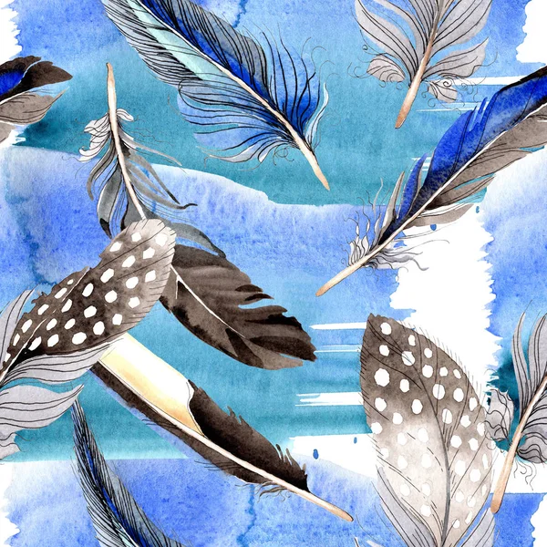 Bird feathers from wing. Watercolor background illustration set. Seamless background pattern. Fabric wallpaper print texture. — Stock Photo