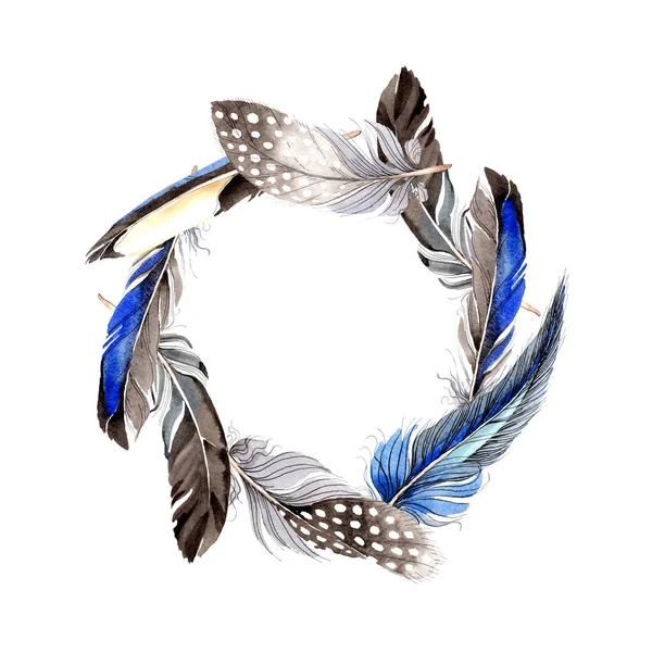 Vogelfedern vom Flügel isoliert auf weiß. Aquarell Hintergrundillustration Set. Rahmen Bordüre Ornament. — Stockfoto