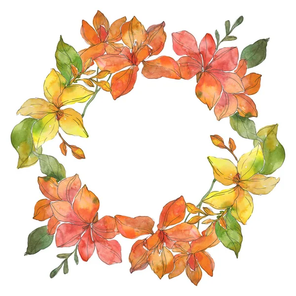 Fiori botanici tropicali tropicali rossi e gialli. Fiore selvatico primaverile isolato. Acquerello sfondo illustrazione set. Acquerello disegno moda acquerello. Quadrato ornamento bordo cornice . — Foto stock