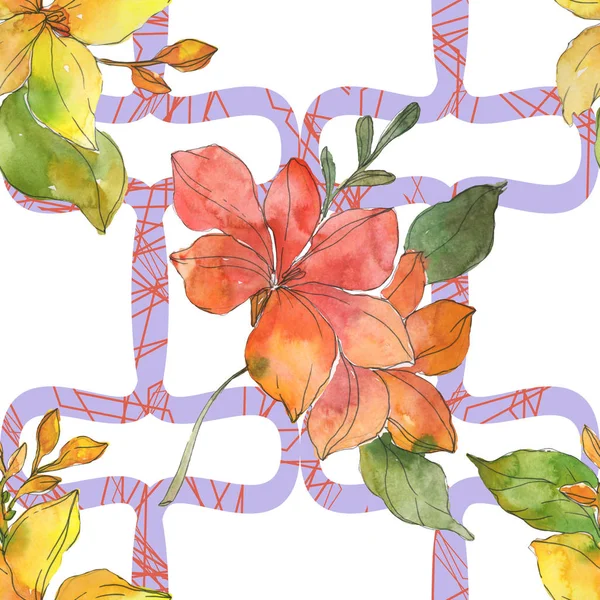 Flores botânicas tropicais vermelhas e amarelas. Folha de primavera selvagem isolada. Conjunto de ilustrações aquarela. Aquarelle desenho aquarelle moda. Padrão de fundo sem costura. Tecido papel de parede impressão textura . — Fotografia de Stock