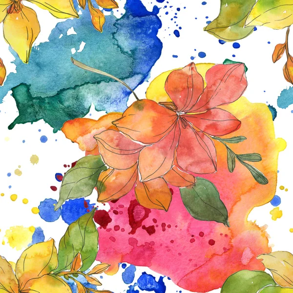 Red and yellow tropical botanical flowers. Wild spring leaf isolated. Watercolor illustration set. Watercolour drawing fashion aquarelle. Seamless background pattern. Fabric wallpaper print texture. — Stock Photo