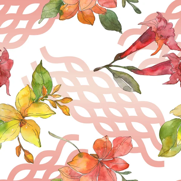 Red and yellow tropical botanical flowers. Wild spring leaf isolated. Watercolor illustration set. Watercolour drawing fashion aquarelle. Seamless background pattern. Fabric wallpaper print texture. — Stock Photo