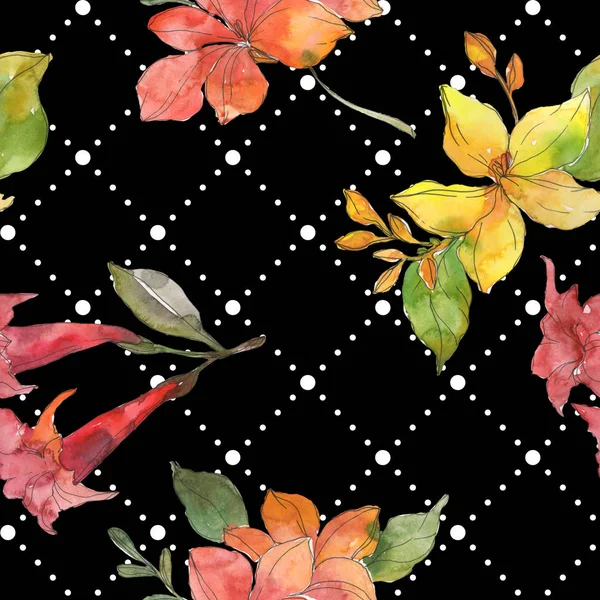 Red and yellow tropical botanical flowers. Wild spring leaf isolated. Watercolor illustration set. Watercolour drawing fashion aquarelle. Seamless background pattern. Fabric wallpaper print texture. — Stock Photo