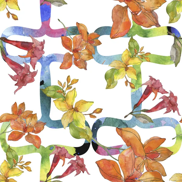 Rote und gelbe tropische botanische Blüten. wildes Frühlingsblatt isoliert. Aquarell-Illustrationsset vorhanden. Aquarell zeichnen Mode-Aquarell. nahtlose Hintergrundmuster. Stoff Tapete drucken Textur. — Stockfoto