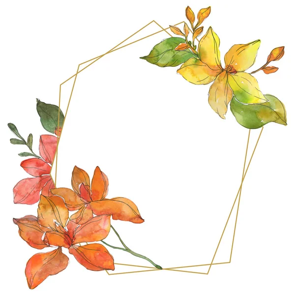 Flores botánicas tropicales rojas y amarillas. Flor silvestre de hoja de primavera aislada. Conjunto de ilustración de fondo acuarela. Acuarela dibujo moda aquarelle. Marco borde ornamento cuadrado . - foto de stock