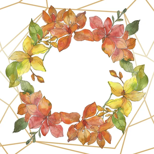 Flores botânicas tropicais vermelhas e amarelas. Folha selvagem primavera wildflower isolado. Conjunto de ilustração de fundo aquarela. Aquarelle desenho aquarelle moda. Quadro borda ornamento quadrado . — Fotografia de Stock