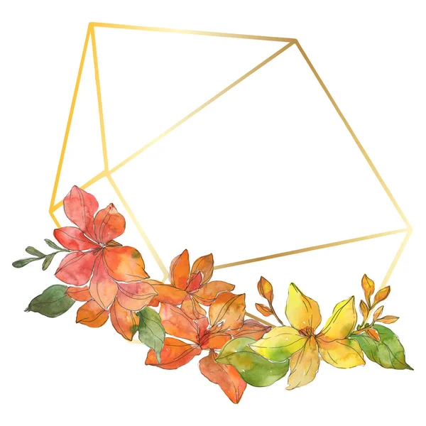 Fiori botanici tropicali tropicali rossi e gialli. Fiore selvatico primaverile isolato. Acquerello sfondo illustrazione set. Acquerello disegno moda acquerello. Quadrato ornamento bordo cornice . — Foto stock