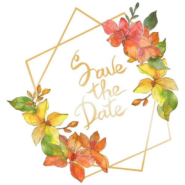 Rote und gelbe tropische botanische Blüten. wildes Frühlingsblatt Wildblume isoliert. Aquarell Hintergrundillustration Set. Aquarell zeichnen Mode-Aquarell. Rahmen Rand Ornament Quadrat. — Stockfoto