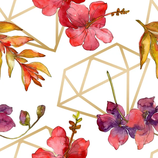 Red flowers watercolor background illustration set. Seamless background pattern. — Stock Photo