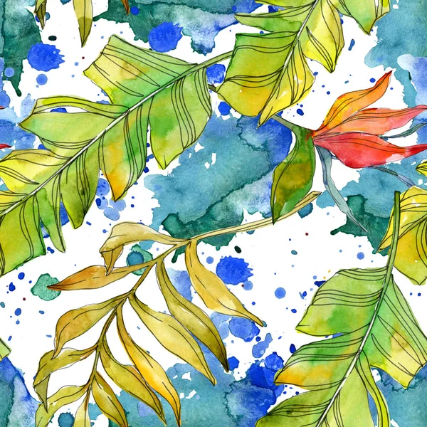Tropical floral botanical flowers. Exotic plant leaf isolated. Watercolor illustration set. Watercolour drawing fashion aquarelle. Seamless background pattern. Fabric wallpaper print texture. — Stock Photo
