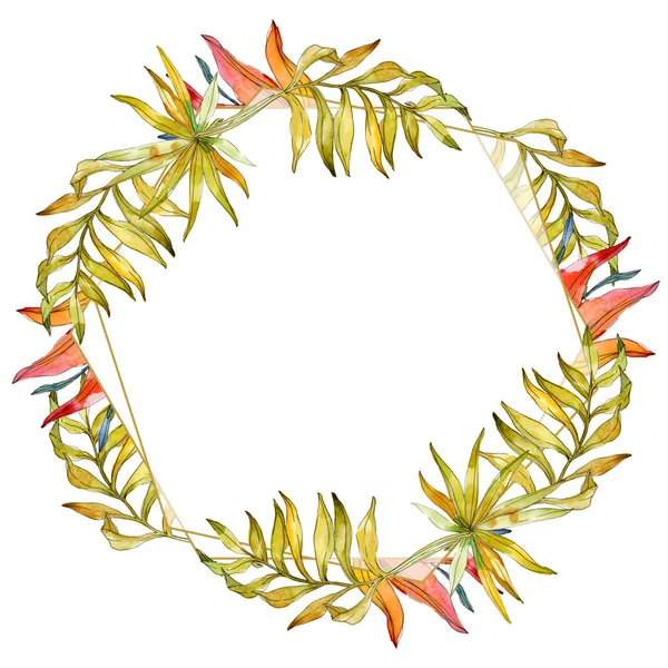 Fiori botanici tropicali floreali. Pianta esotica foglia isolata. Acquerello sfondo illustrazione set. Acquerello disegno moda acquerello isolato. Quadrato ornamento bordo cornice . — Foto stock