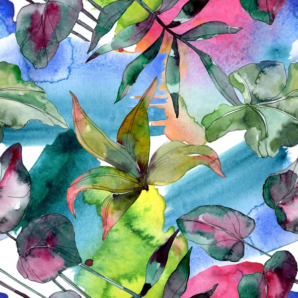 Рослина зеленого листя ботанічна. Екзотичне тропічне гавайське літо. Набір акварельних ілюстрацій. Акварельний малюнок моди акварель ізольовано. Безшовний візерунок тла. Текстура друку тканинних шпалер . — стокове фото