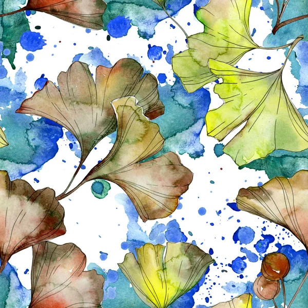 Yellow and green ginkgo biloba foliage watercolor illustration. Seamless background pattern. — Stock Photo