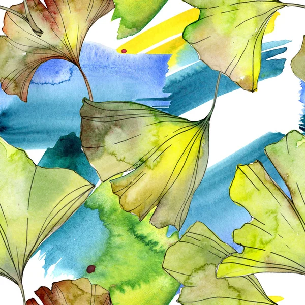 Желтая и зеленая акварельная иллюстрация листьев гинкго билоба. Бесшовный рисунок фона . — стоковое фото