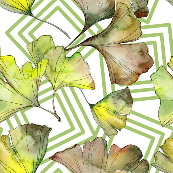 Illustration aquarelle jaune et vert ginkgo biloba foliage. Modèle de fond sans couture . — Photo de stock