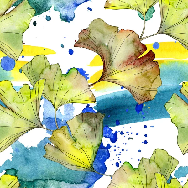 Yellow and green ginkgo biloba foliage watercolor illustration. Seamless background pattern. — Stock Photo