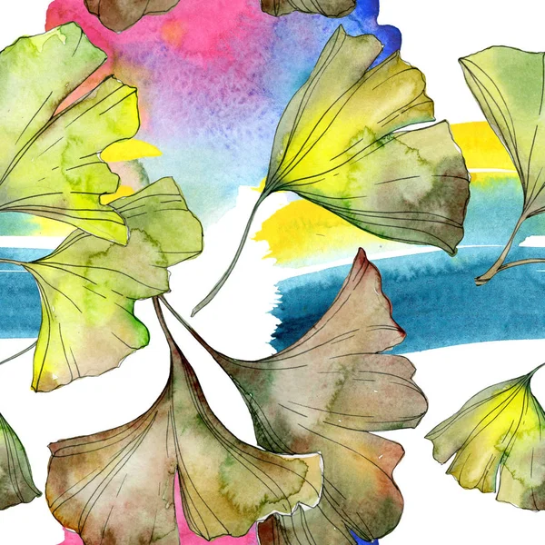 Yellow and green ginkgo biloba foliage watercolor illustration. Seamless background pattern. — Stock Photo