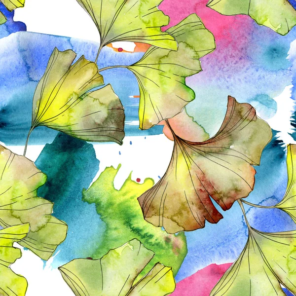 Amarelo e verde ginkgo biloba folhagem aquarela ilustração. Padrão de fundo sem costura . — Stock Photo