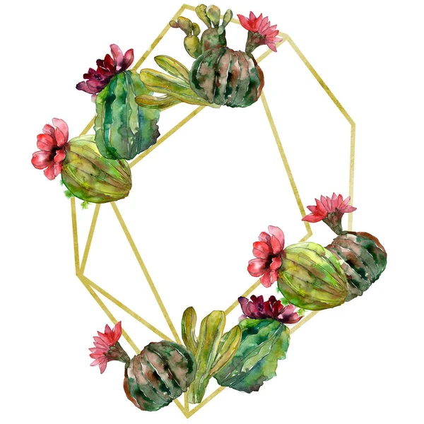 Grünen Kaktus Blumen botanische Blume. wildes Frühlingsblatt Wildblume isoliert. Aquarell Hintergrundillustration Set. Aquarell zeichnen Mode-Aquarell. Rahmen Rand Ornament Quadrat. — Stockfoto