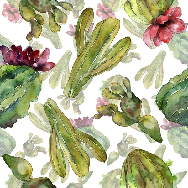 Green cactus floral botanical flower. Wild spring wildflower isolated. Watercolor illustration set. Watercolour drawing fashion aquarelle. Seamless background pattern. Fabric wallpaper print texture. — Stock Photo