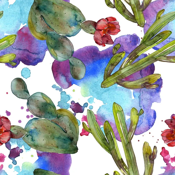 Зеленый набор акварельных иллюстраций кактусов. Бесшовный рисунок фона. Текстура ткани для печати обоев . — стоковое фото