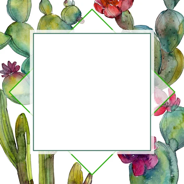 Green cacti watercolor background illustration set. Frame border ornament with copy space. — Stock Photo