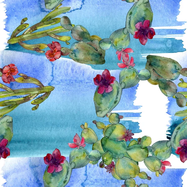 Green cacti watercolor illustration set. Seamless background pattern. Fabric wallpaper print texture. — Stock Photo